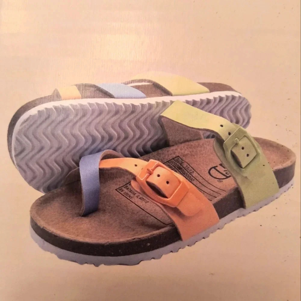 Toddlers 9 10 flatbed sandals multicolor orange green blue new summer slip on Bu